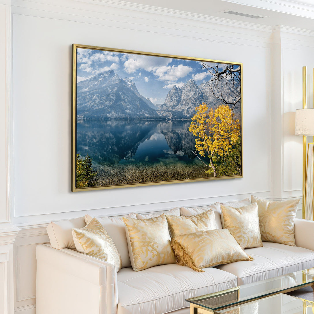 Canvas Print of a serene mountain lake landscape with blue, white, and yellow hues, perfect for adding a touch of nature to your home decor.
