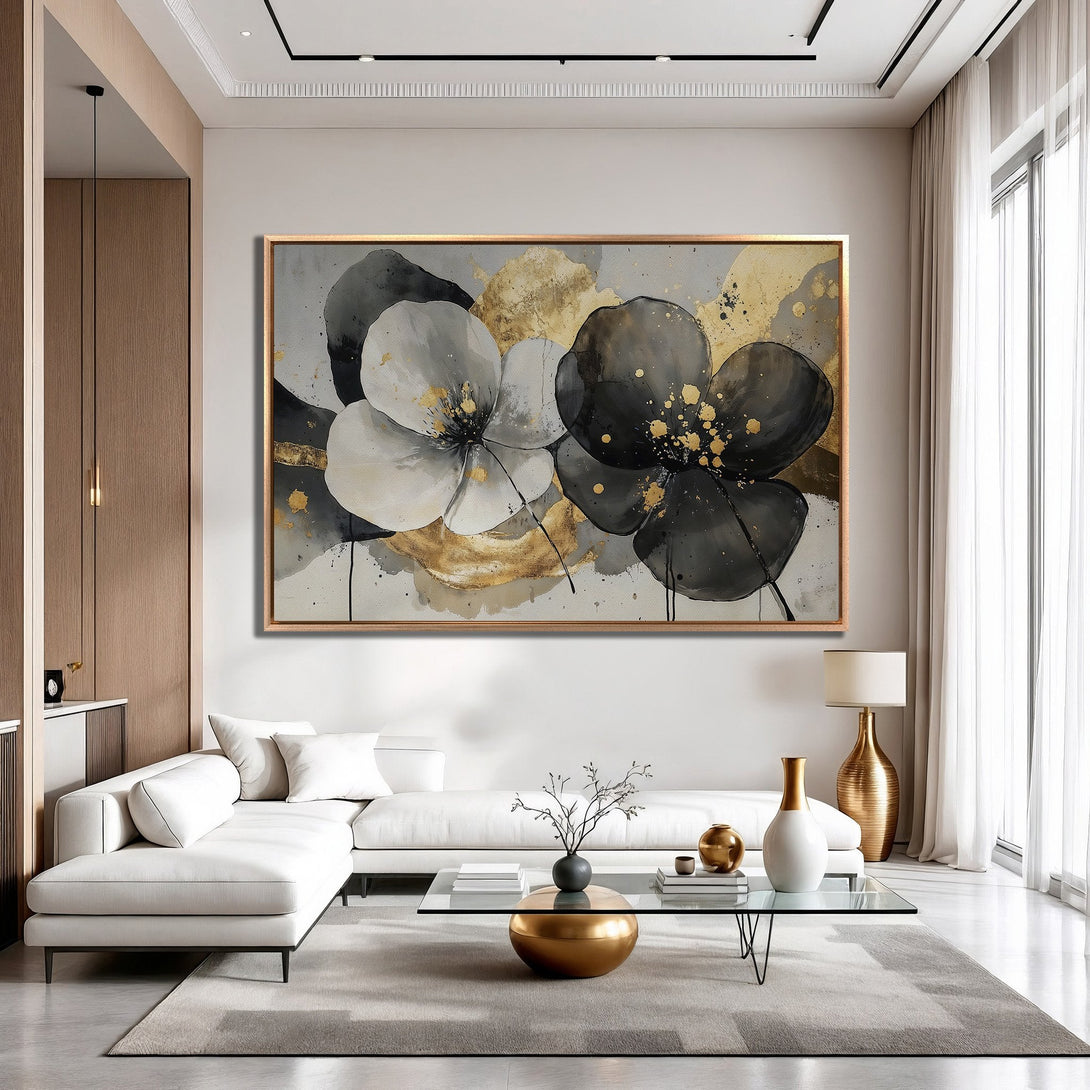 Framed Wall Art: Abstract floral design in black, white, and gold. Modern art canvas print adds elegance to any interior.