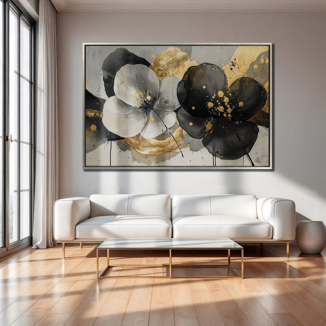 Framed Wall Art: Abstract floral painting in black, white, and gold. Modern art for your living room. Shop now for stylish home decor!