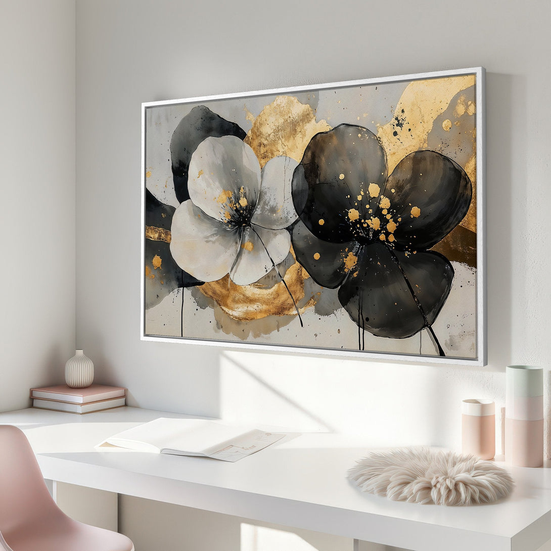 Framed Wall Art featuring abstract floral art in black, white, and gold. Modern, elegant decor for your home.