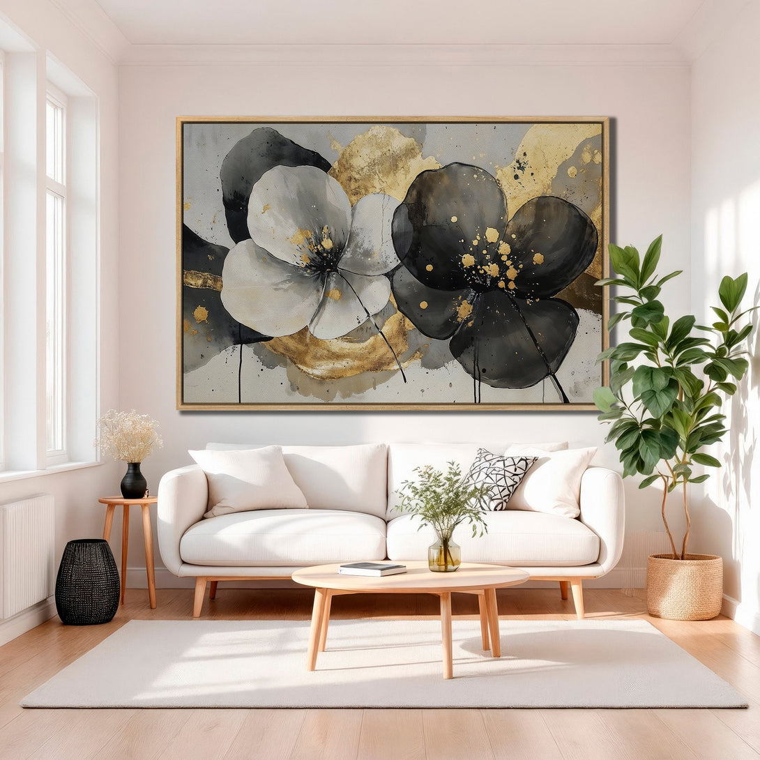 Framed Wall Art featuring abstract floral design in black, white, and gold. Modern canvas print perfect for living room decor.