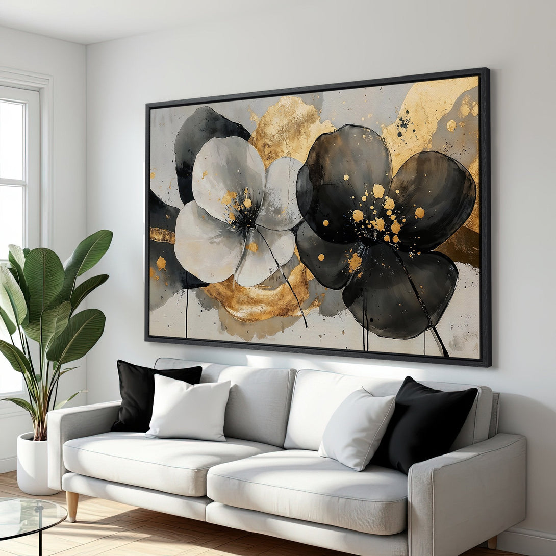 Framed Wall Art featuring abstract floral design in black, white, and gold. Modern Canvas Print adds elegance to any interior. Shop now!