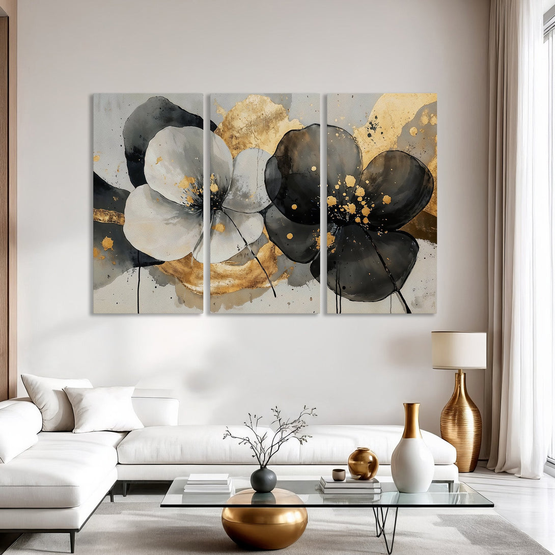 Abstract floral Canvas Print in black, white, and gold. Modern art for home decor.