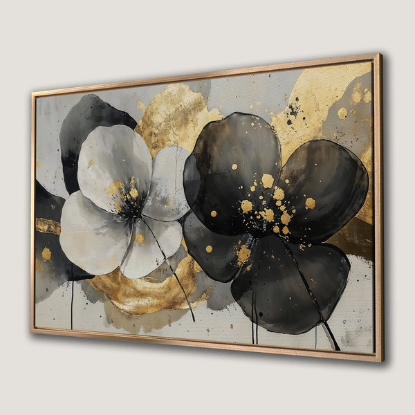 Framed Wall Art: Abstract floral Canvas Print in black, white, and gold. Modern art for a stylish home.