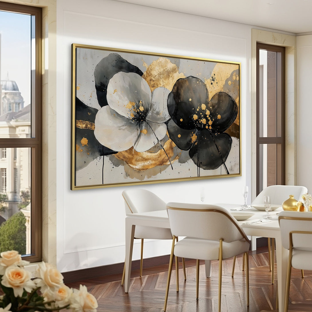Canvas Print featuring abstract floral art in black, white, and gold. Modern wall art decor for a stylish interior.