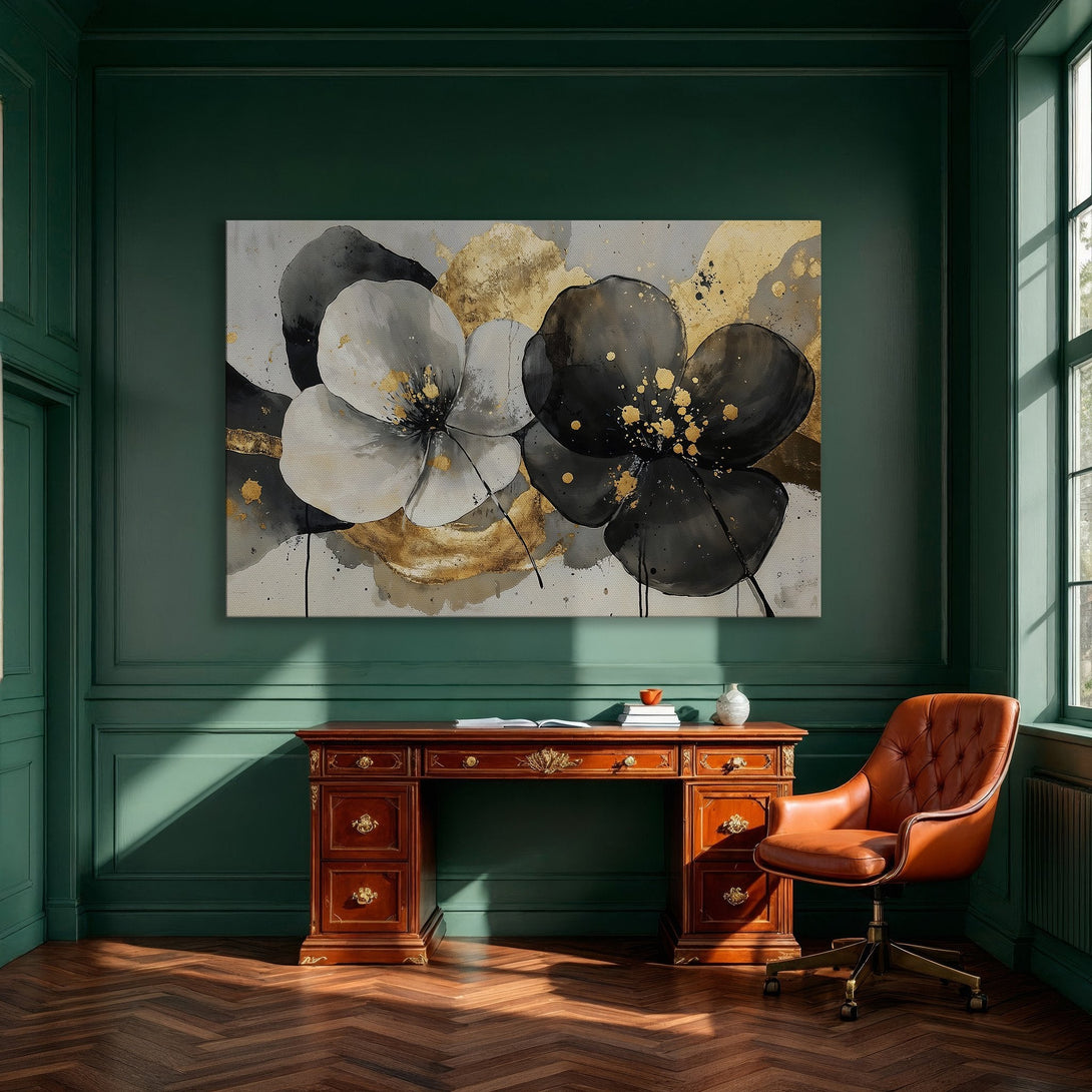 Framed Wall Art: Abstract floral Canvas Print in gold, black, and white. Modern art for dining room decor.