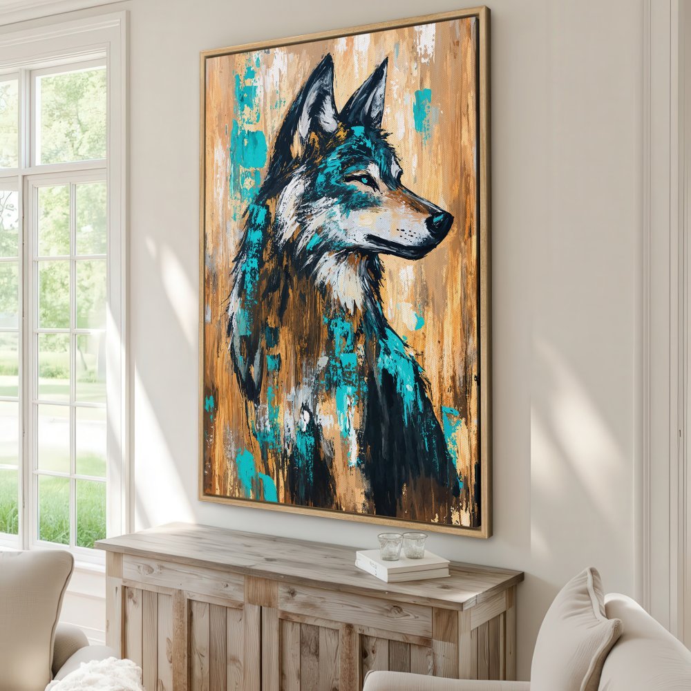 Framed Wall Art: Abstract wolf portrait in teal, gold, and black. Modern Canvas Print adds a bold statement to any space.