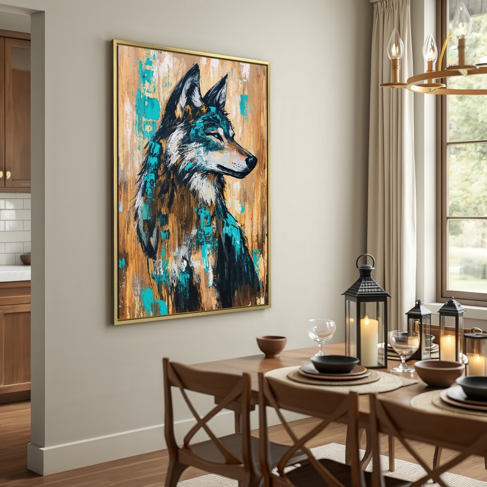 Abstract Canvas Print of a wolf in teal, gold, and black. Add a touch of wildlife art to your home!