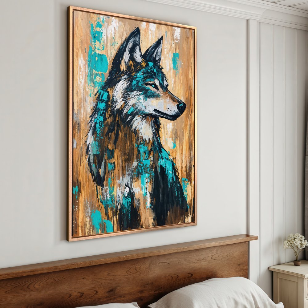 Framed Wall Art: Abstract wolf portrait in teal, gold, and black. Modern canvas print for stylish home decor.