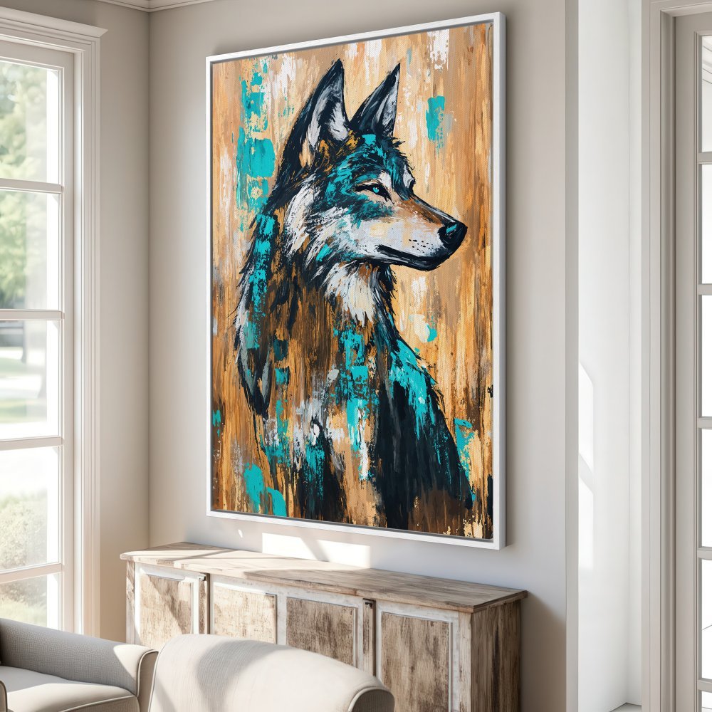 Framed Wall Art: Abstract wolf portrait in teal, brown, and black. Modern canvas print for stylish home decor.