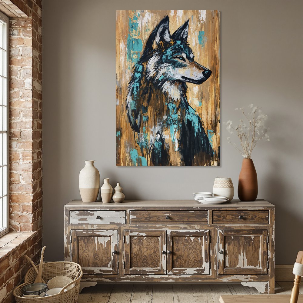 Framed Wall Art: Abstract wolf portrait in teal, black, and brown tones. Add a touch of wilderness to your space with this stunning Canvas Print.