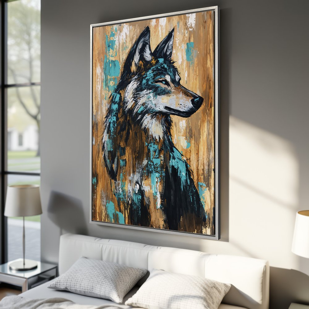 Framed Wall Art: Abstract wolf portrait in teal, brown, and black. Modern canvas print adds a bold statement to any room. Shop now!
