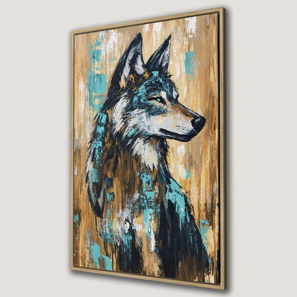 Framed Wall Art: Majestic wolf portrait in expressive brushstrokes. Earthy tones with teal accents. Add this stunning Canvas Print to your decor!