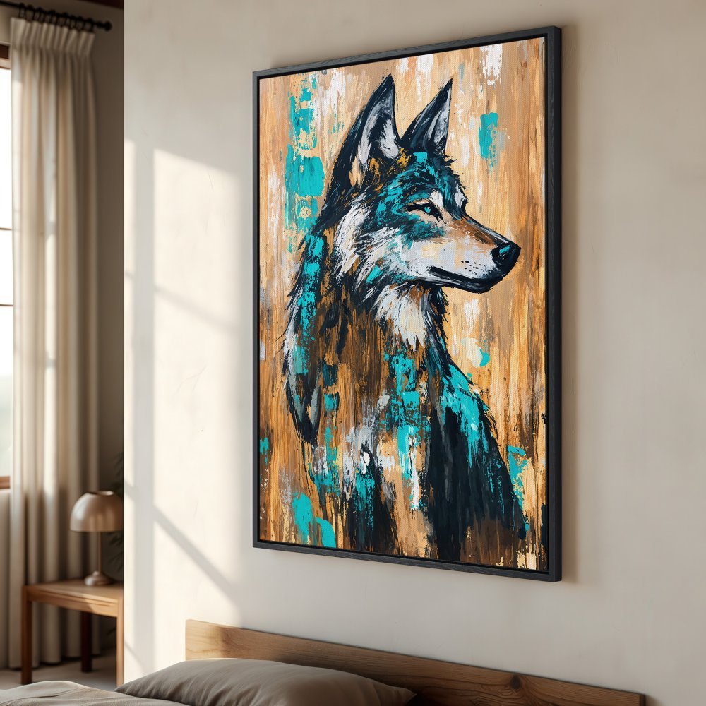 Framed Wall Art: Abstract wolf portrait in teal, black, and gold. Add a touch of modern art to your space with this stunning Canvas Print.
