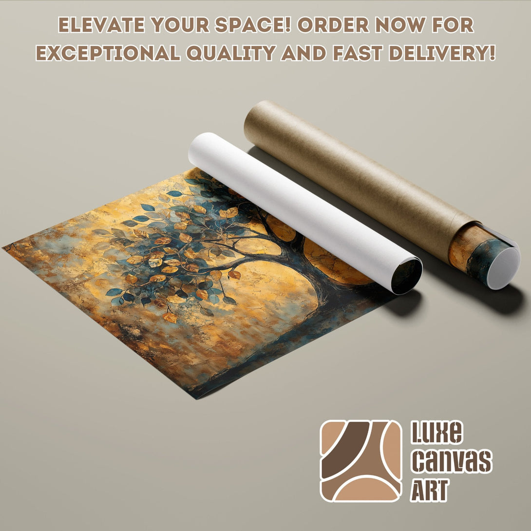 Abstract tree art Poster Roll in gold, blue, and brown tones. Elevate your space!