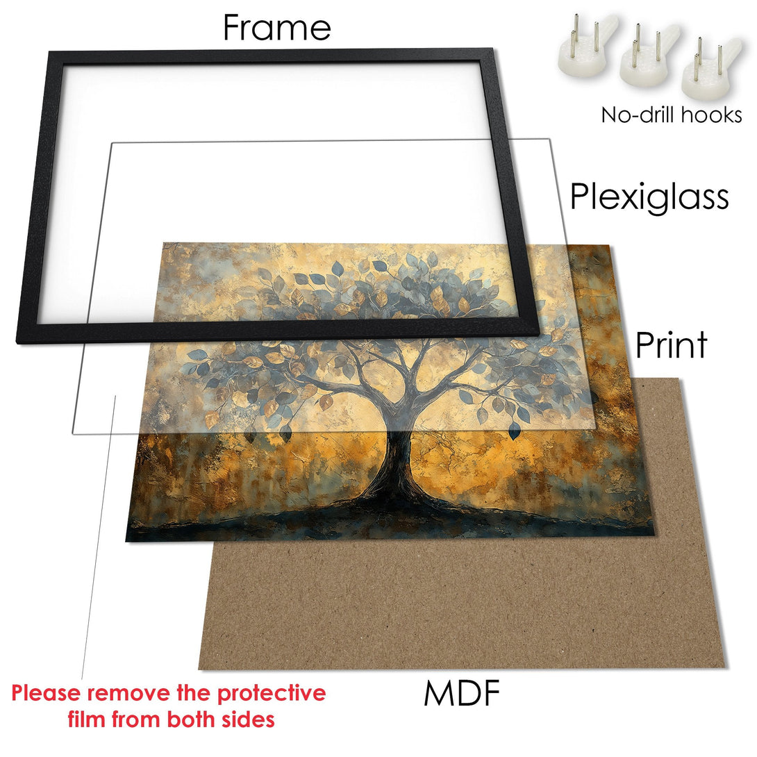 Framed Poster featuring a tree art print in a warm gold & blue color palette. Perfect wall decor for any room.