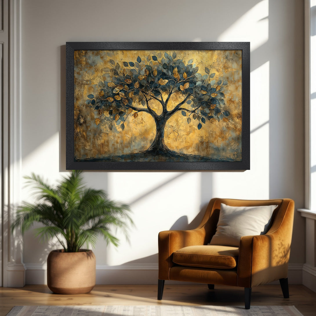 Framed Poster featuring an abstract tree design with gold, blue, and brown tones. Perfect wall art for any space.