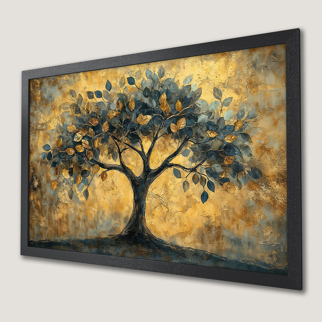Framed Poster featuring a stylized tree with gold, blue, and yellow leaves, perfect wall art for your home decor.