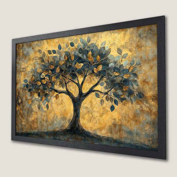 Framed Poster featuring a stylized tree with gold, blue, and yellow leaves, perfect wall art for your home decor.