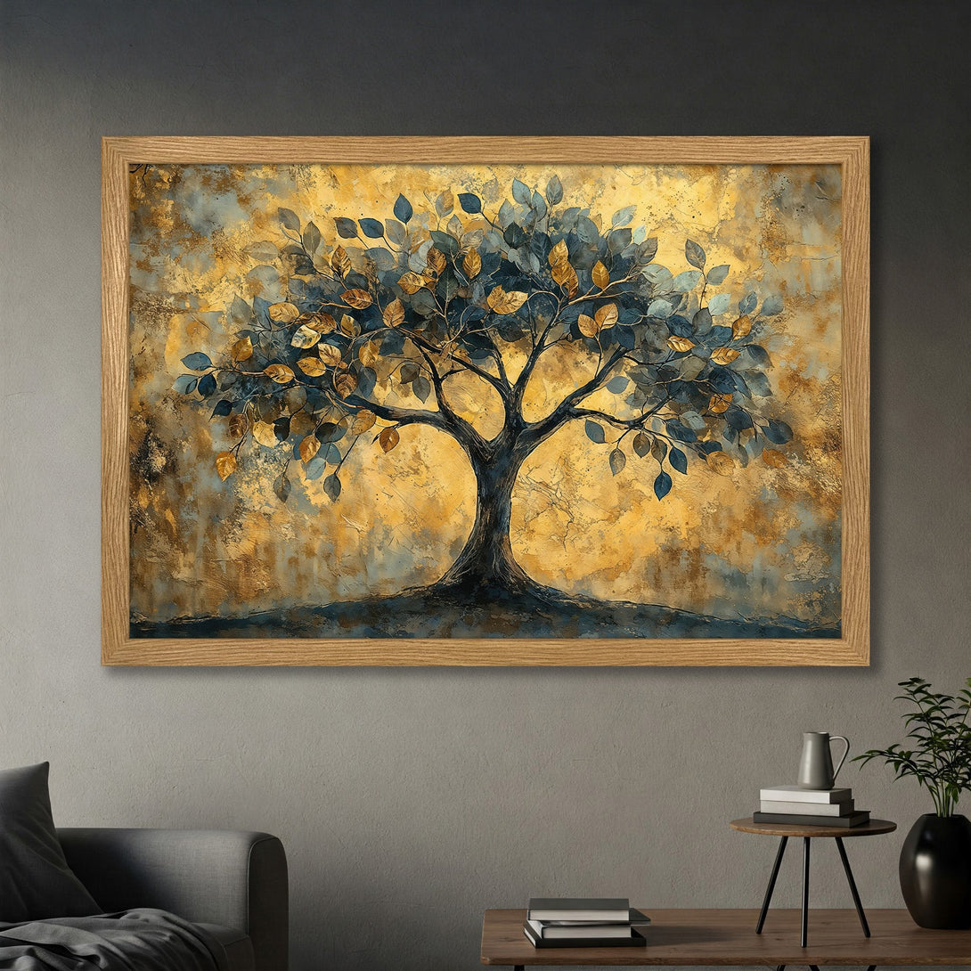 Framed Poster featuring a stylized tree with gold, blue, and brown leaves against a textured golden background. Perfect wall art!