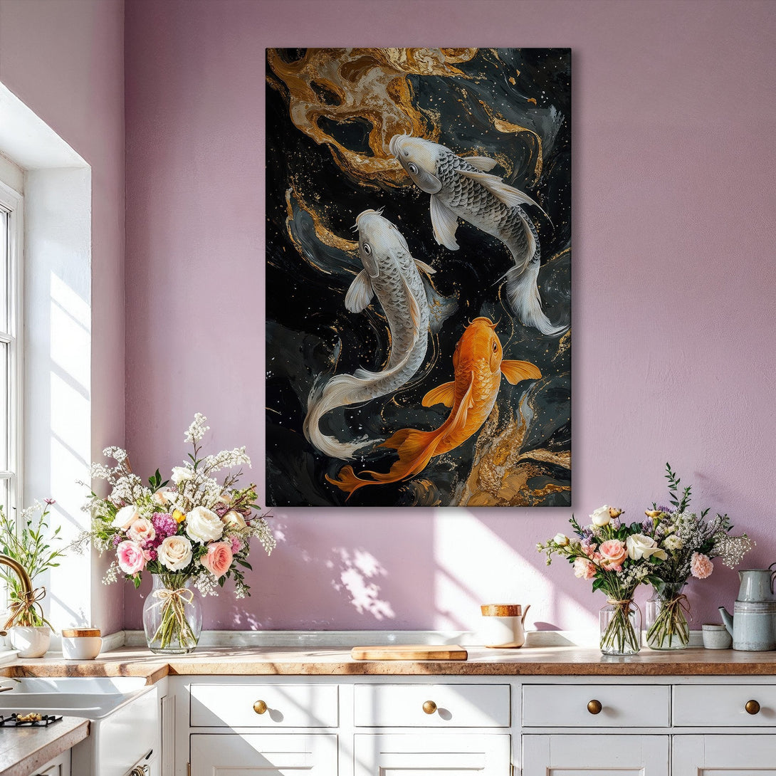 Framed Wall Art: Koi fish painting in black, gold, and white. Elegant, modern art for your home. Enhance your decor today!