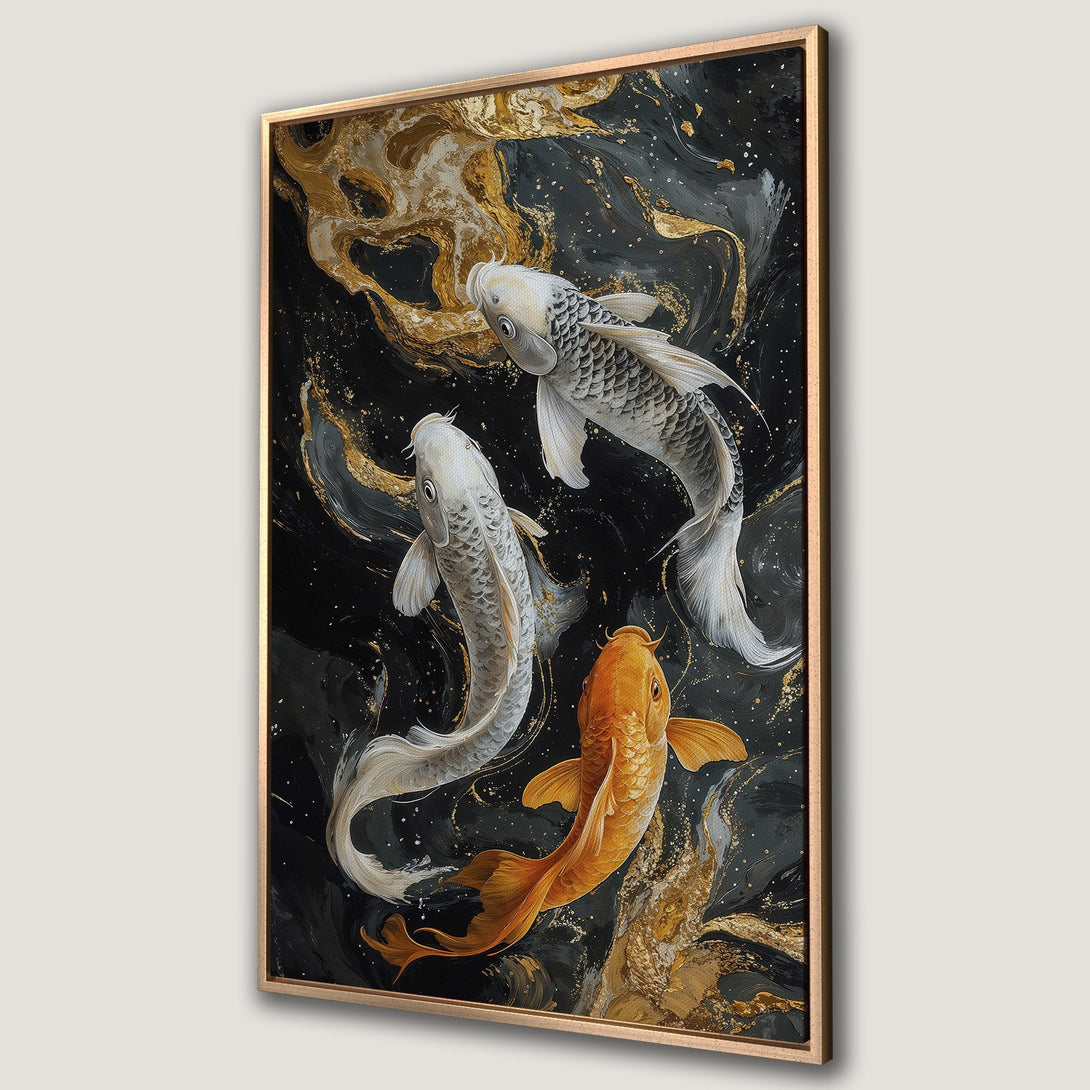 Framed Wall Art featuring koi fish swimming in a dark, abstract background with gold accents. Modern, elegant decor in black, gold, and white.