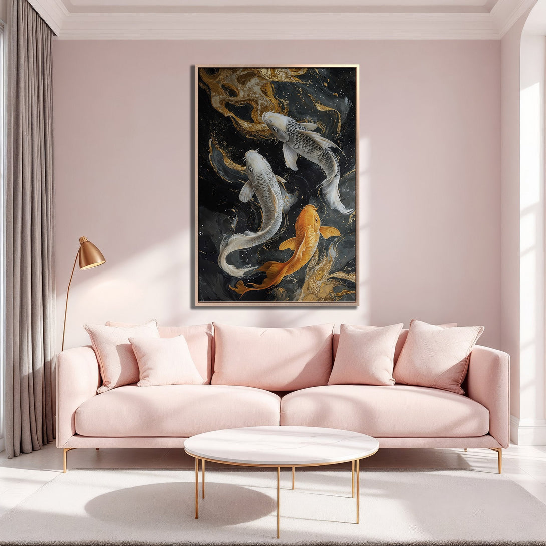 Framed Wall Art featuring koi fish in black, gold, and white. Modern abstract art for a stylish interior. Enhance your space with this elegant canvas print.