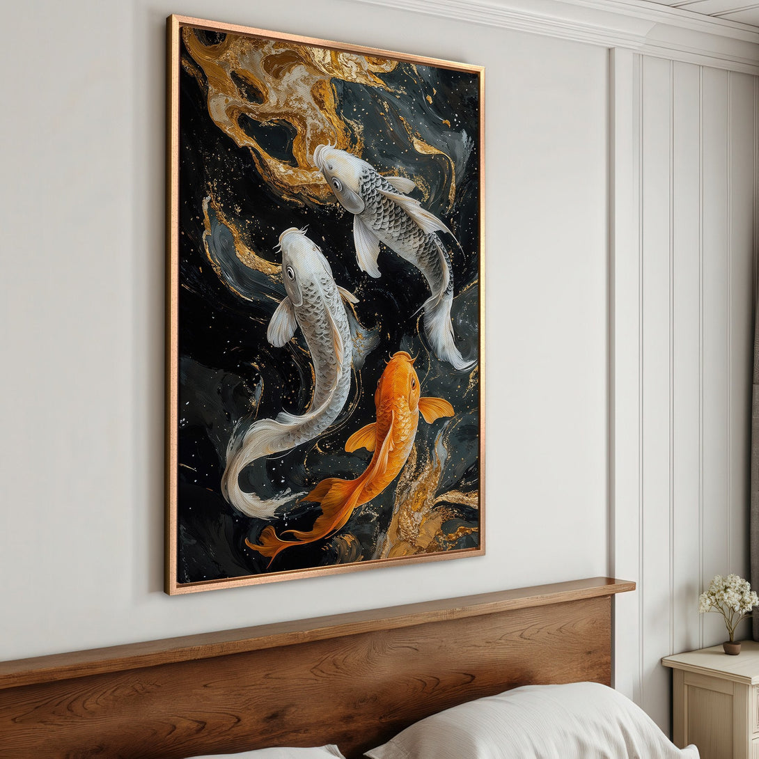Framed Wall Art featuring koi fish in a black, gold, and white abstract style. Enhance your space with this elegant Canvas Print.