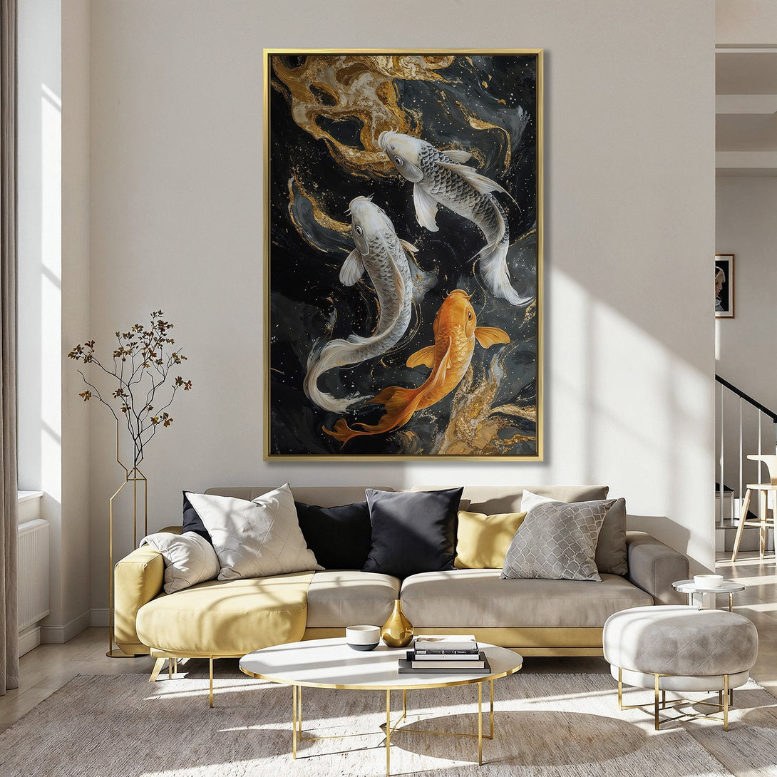 Canvas Print featuring koi fish in a modern, abstract style with a black, gold, and white color palette. Perfect for adding elegance to any space.