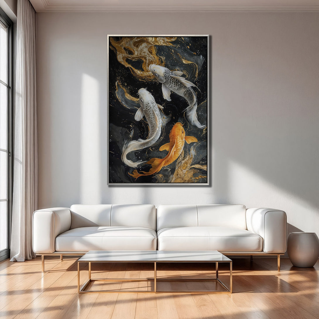 Framed Wall Art featuring koi fish in a modern style, with a black, gold, and white color palette. Elevate your space with this stunning canvas print!