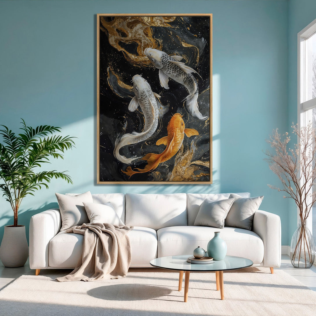Framed Wall Art featuring koi fish in black, gold, and white. Modern art canvas print for a calming interior.