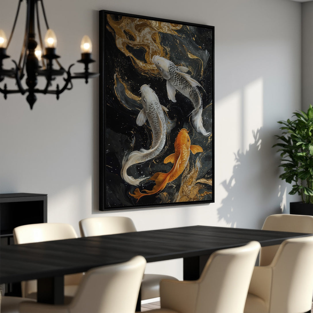 Framed Wall Art featuring koi fish in a modern style with a black, gold, and white color palette, perfect for dining room decor.