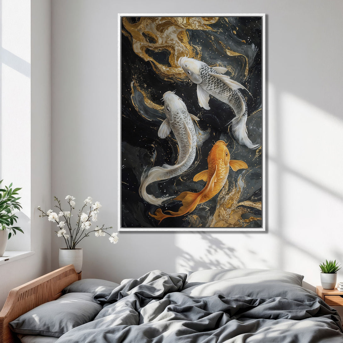 Framed Wall Art featuring koi fish in a black, gold, and white palette. Enhance your space with this elegant canvas print!