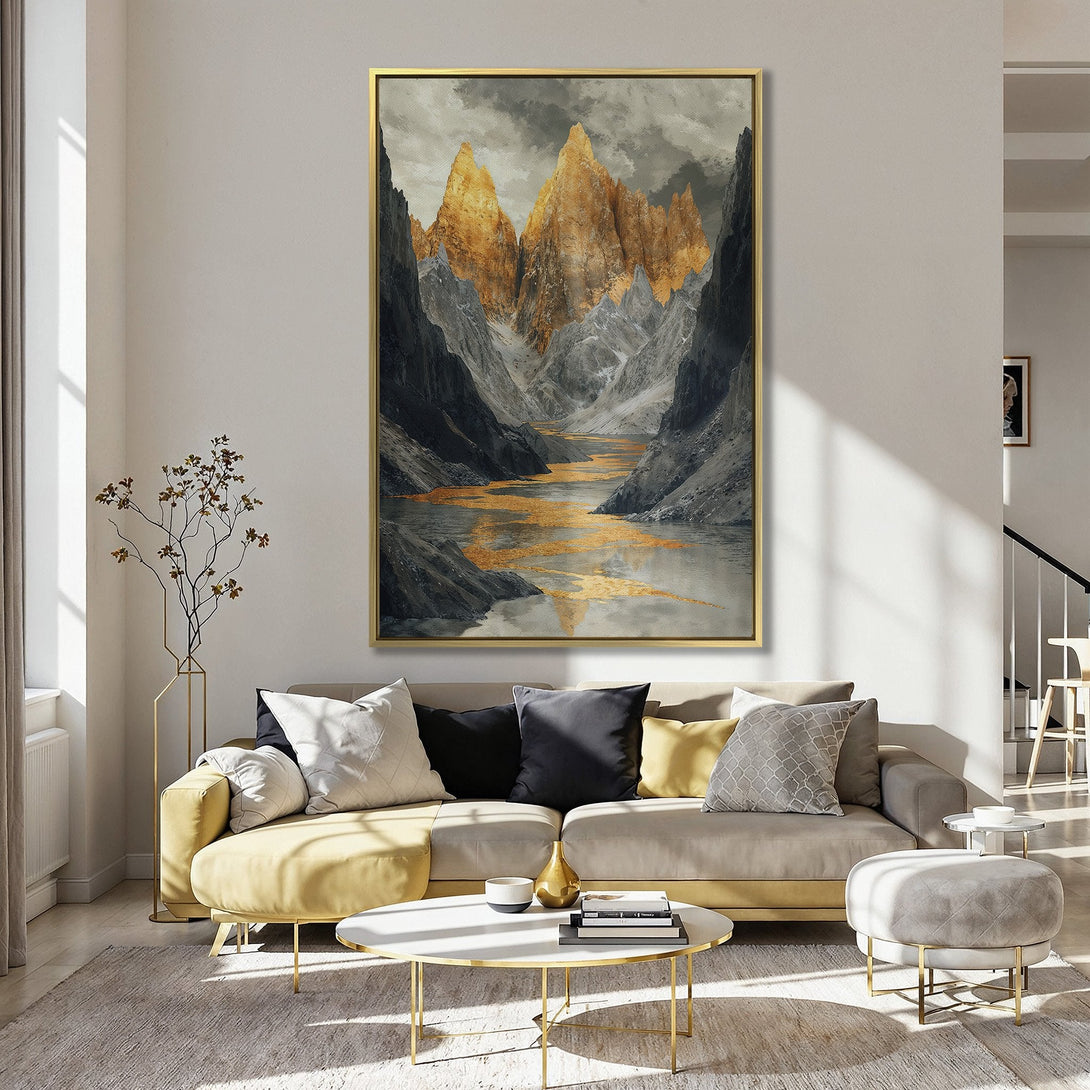 Canvas Print: Majestic mountain landscape art with gold and gray tones. Elevate your space with stunning wall decor. Perfect for modern interiors.