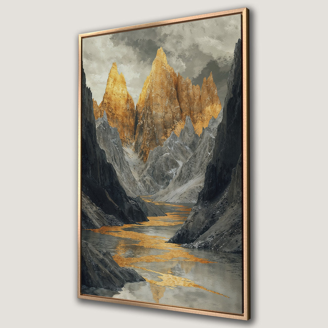 Framed Wall Art: Majestic mountain landscape canvas print with gold and grey tones. Elevate your decor with this stunning, artistic piece.