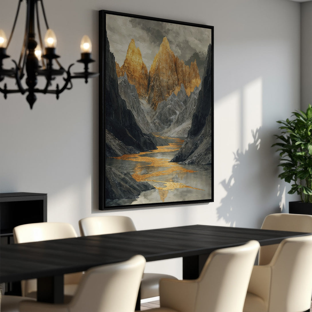 Framed Wall Art: Stunning mountain landscape Canvas Print in gold, gray, and black. Elevate your space with this modern, artistic piece. Perfect for any room!