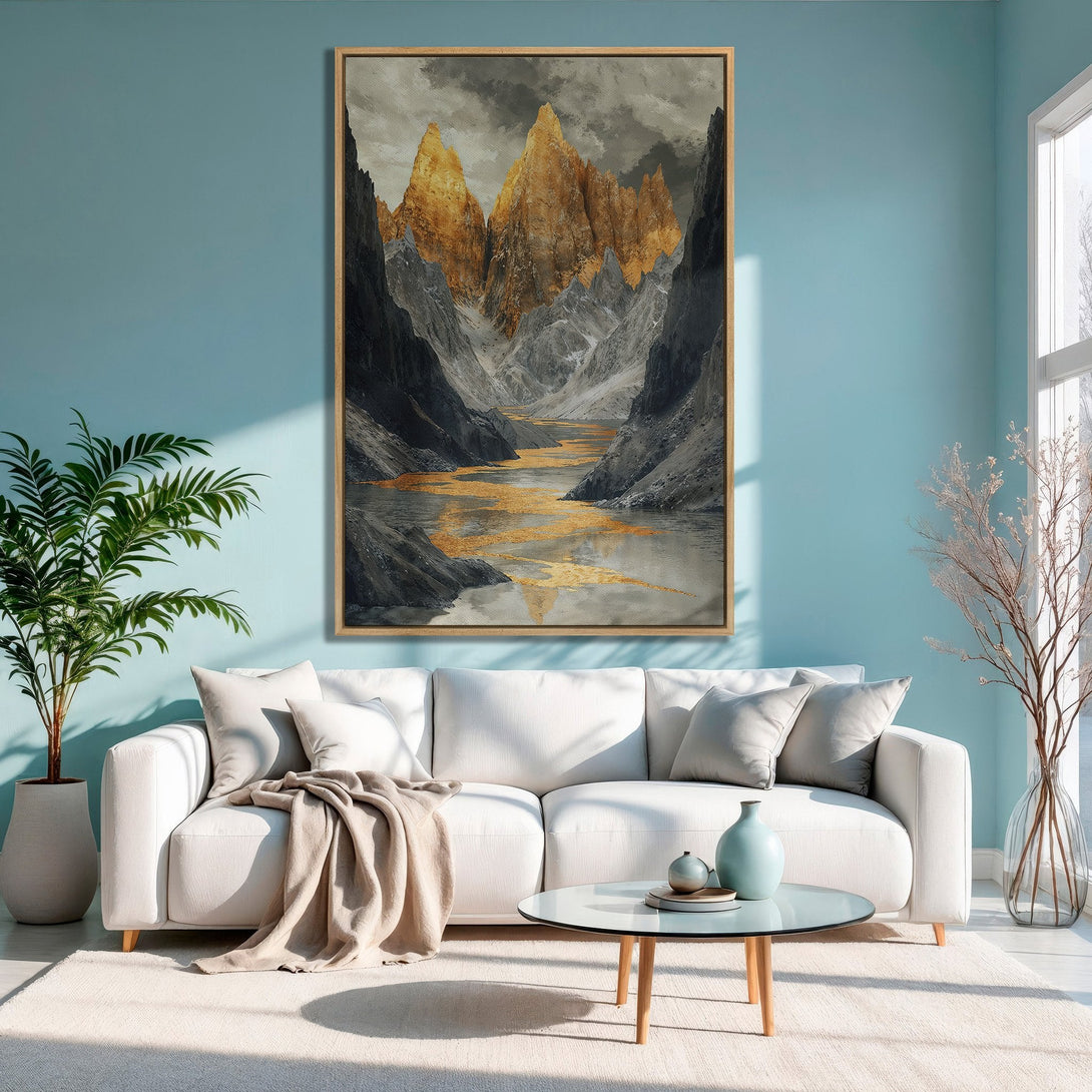 Framed Wall Art: Stunning mountain landscape Canvas Print with a gold, gray, and black color palette, perfect for modern home decor.