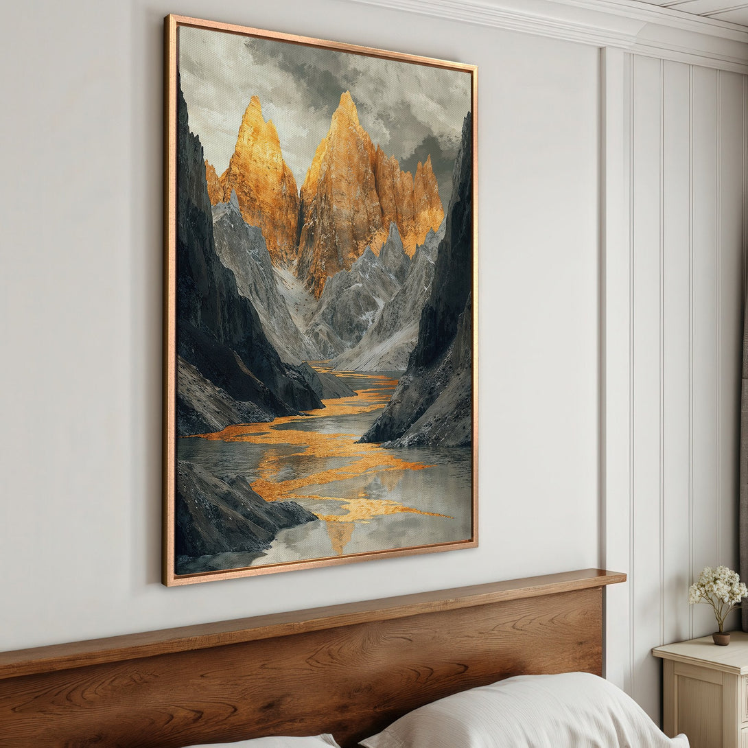 Framed Wall Art: Majestic mountain landscape canvas print in gold, gray, and black. Elevate your space with this stunning, modern art piece.