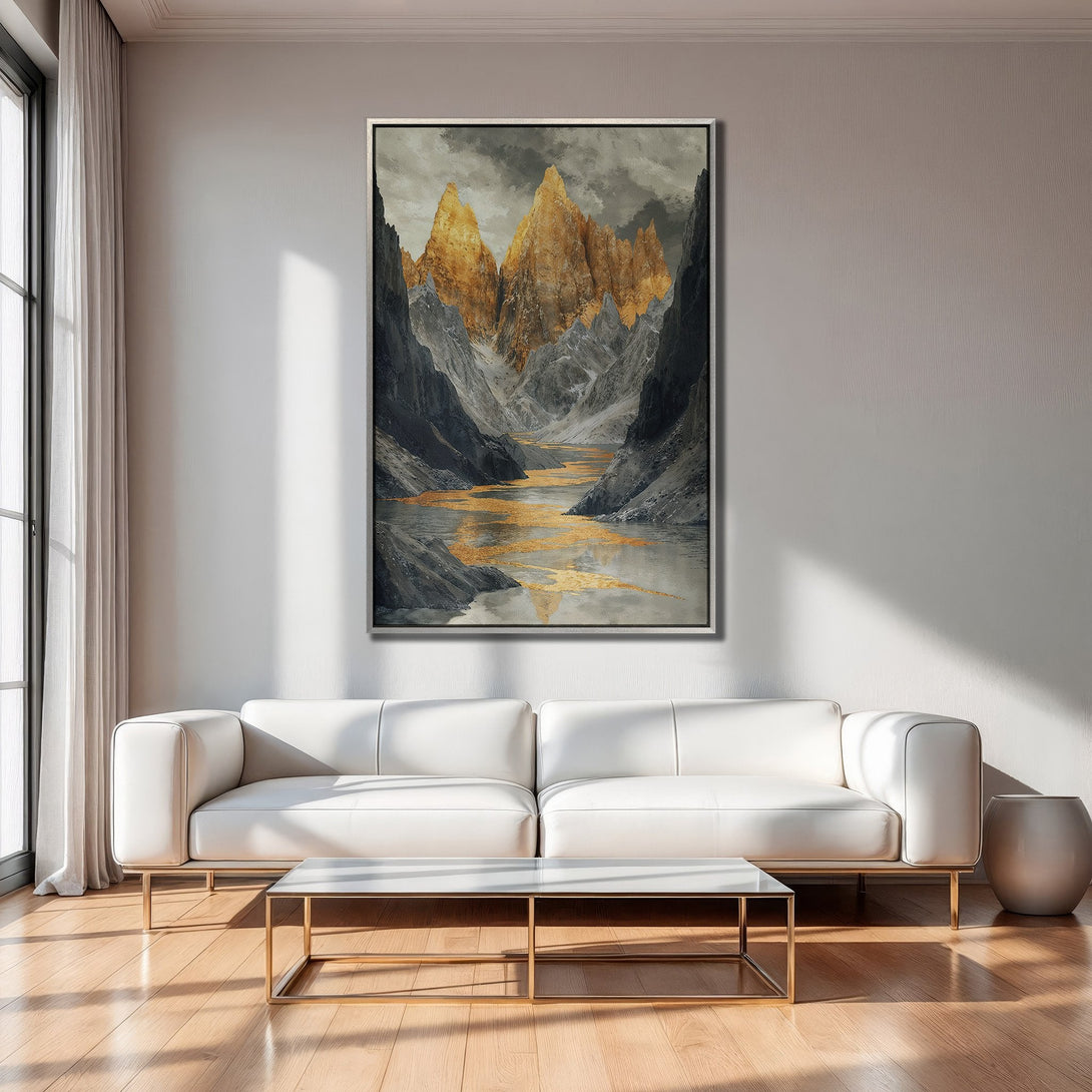 Framed Wall Art: Stunning mountain landscape Canvas Print in gold and grey tones. Elevate your space with this modern, artistic statement piece.