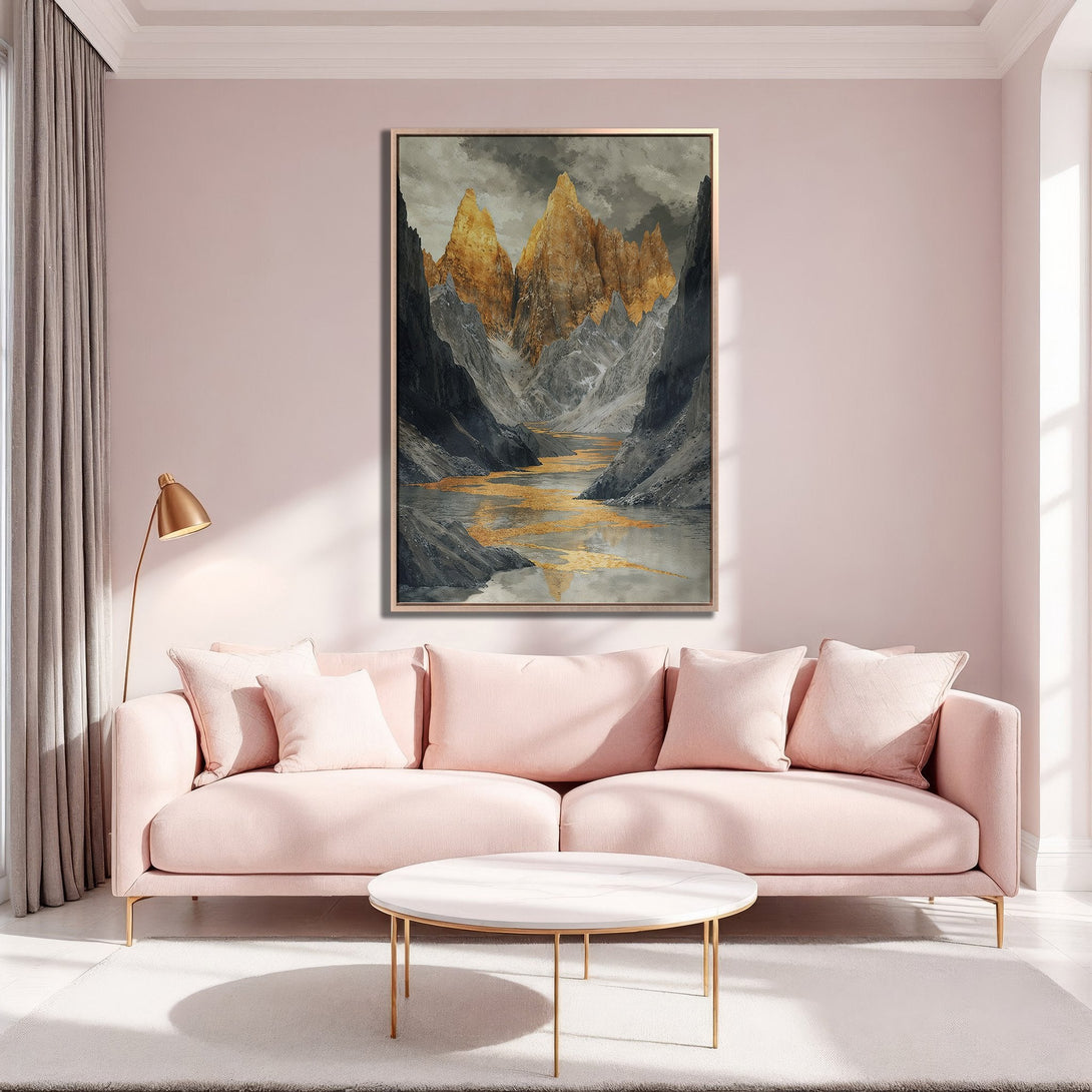 Framed Wall Art featuring a majestic mountain landscape in gold and gray tones. Modern art for your home, perfect for a blush pink interior.