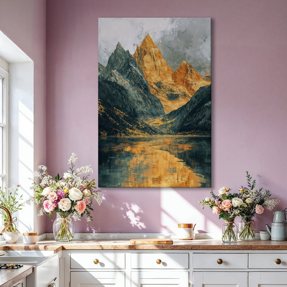 Framed Wall Art: Abstract mountain landscape in gold, gray, and black. Modern art Canvas Print perfect for living room decor.