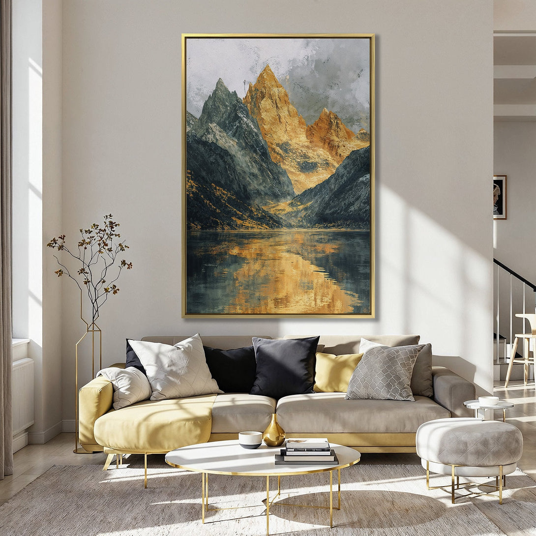 Canvas Print of a mountain landscape in a modern, abstract style with a warm, golden and cool, grey color palette, perfect wall decor.