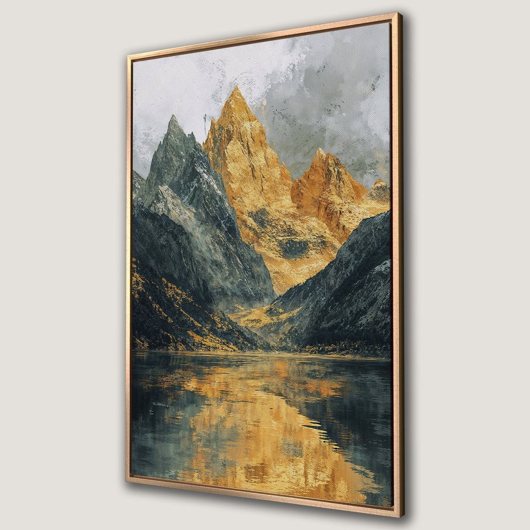 Framed Wall Art: Abstract mountain landscape Canvas Print. Gold, gray, and teal color palette. Perfect for modern home decor.