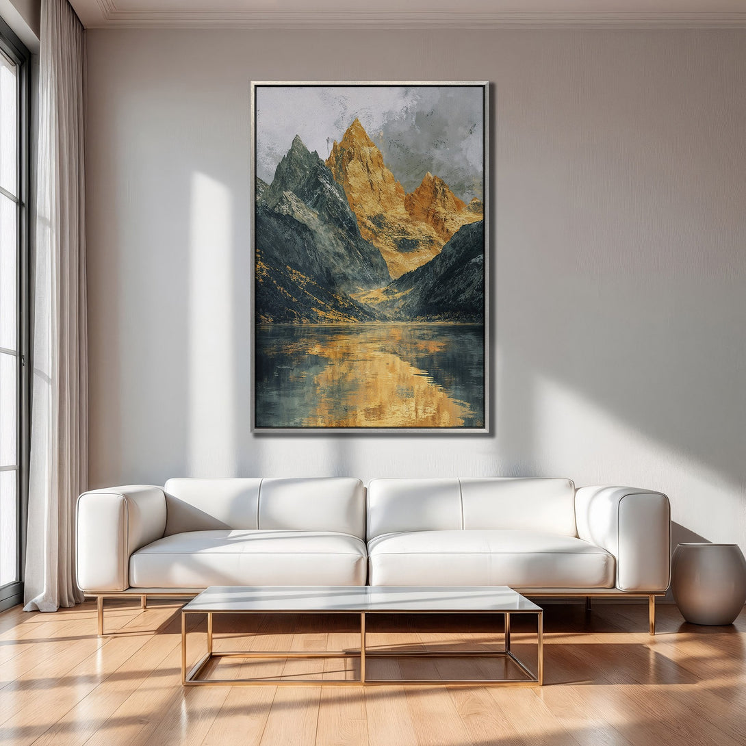 Framed Wall Art: Abstract mountain landscape in gold and grey tones. Modern art canvas print for living room decor.
