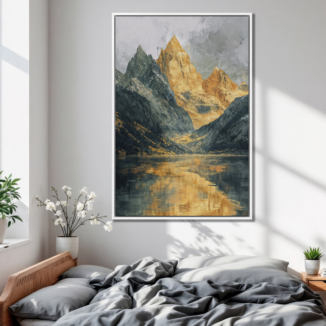 Framed Wall Art of mountain landscape in gold and grey tones. Abstract art style, perfect for bedroom decor. Add a touch of nature to your space!