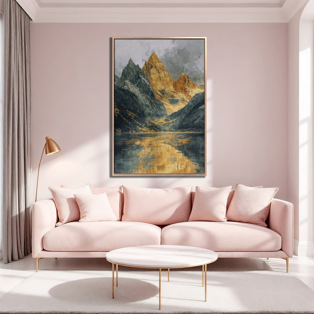 Framed Wall Art: Abstract mountain landscape canvas print in gold, gray, and teal. Perfect for adding a touch of elegance to your living room.