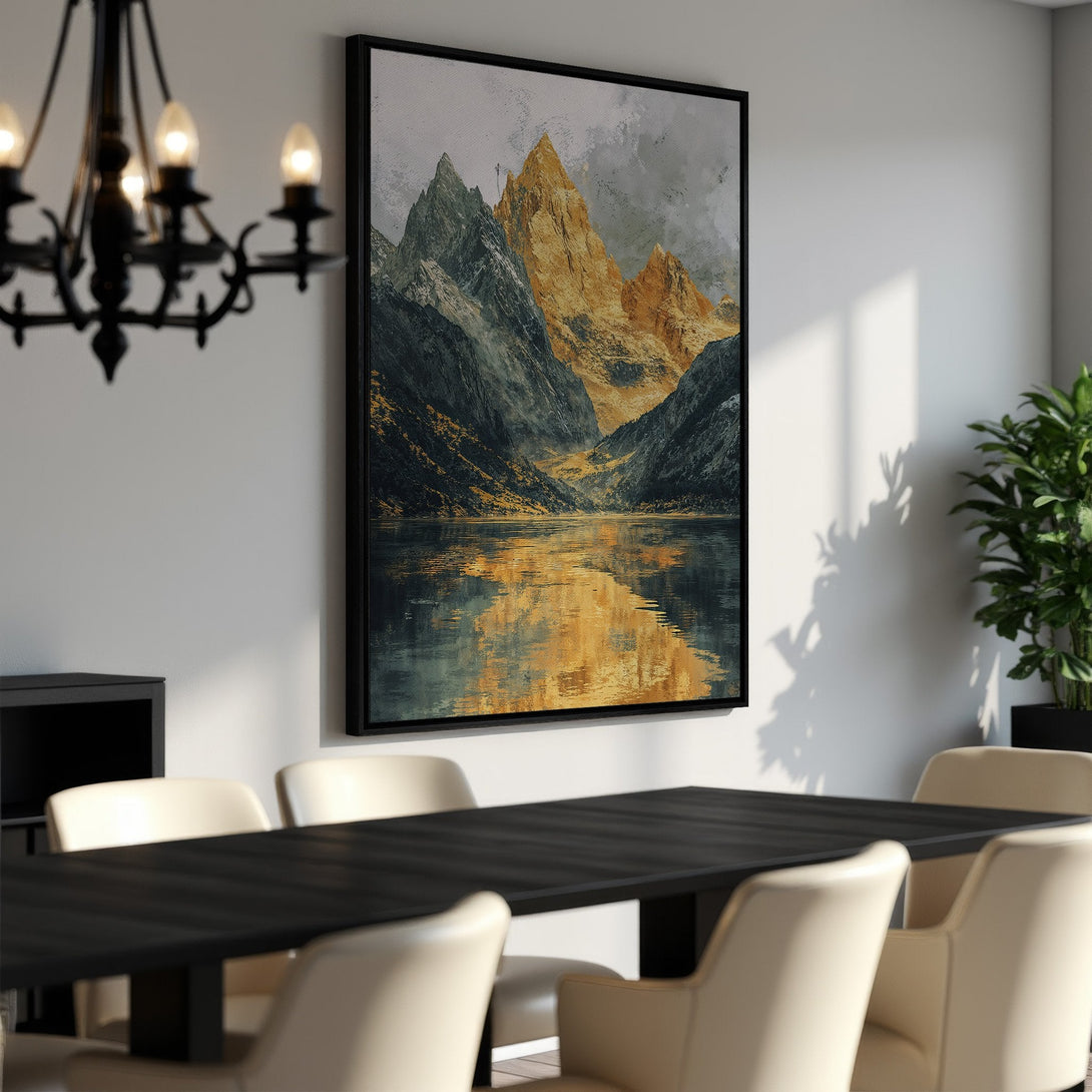 Framed Wall Art featuring a stunning mountain landscape in gold, gray, and black. Elevate your dining room with this captivating canvas print!