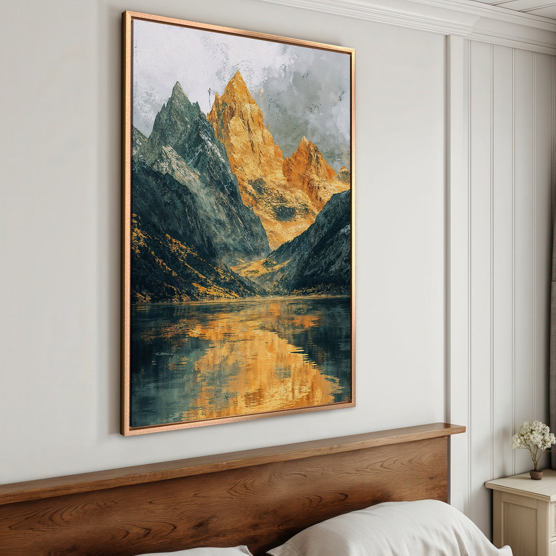 Framed Wall Art featuring a stunning mountain landscape painting. Earthy tones of gold, green & blue create a serene atmosphere. Perfect for modern home decor.