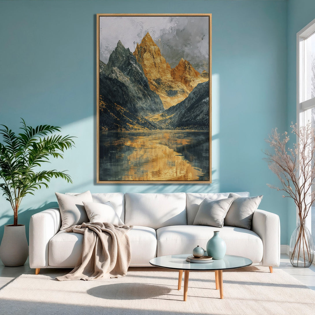 Framed Wall Art: Abstract mountain landscape canvas print in gold, gray, and black. Modern art for living room decor with a serene, reflective style.