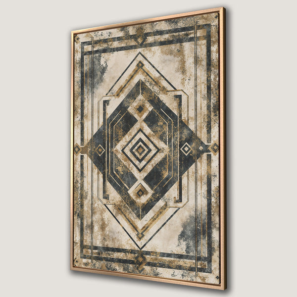 Framed Wall Art: Geometric abstract design in gold, black, and beige. Art Deco style Canvas Print, perfect for modern home decor.
